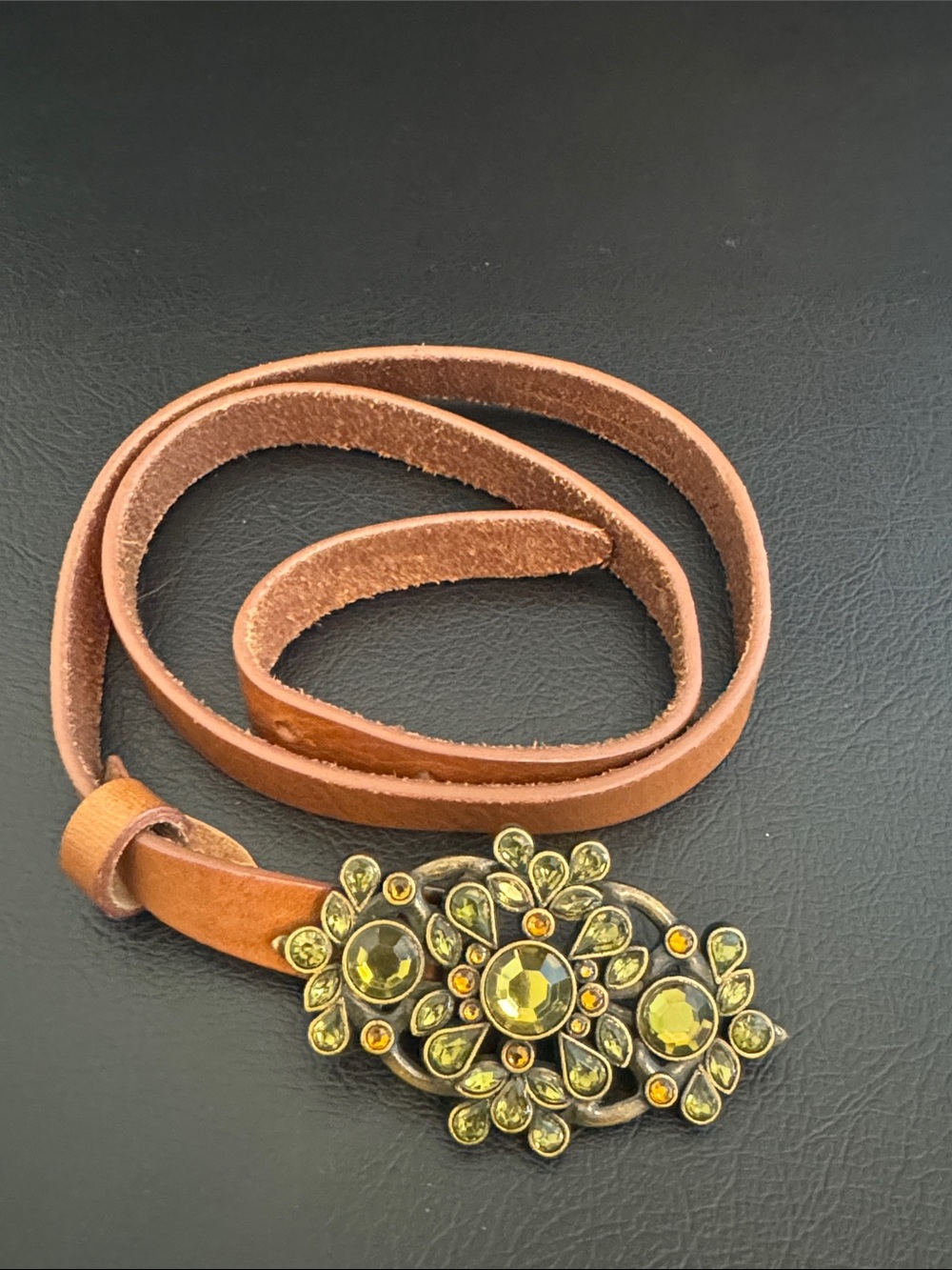 Talbots Womens Brown Leather Belt Colored Floral Buckle Adjustable Size XS